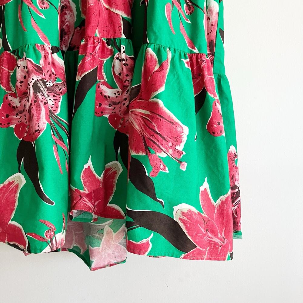 PLS READ Zara Medium Dress Tiger Lily Floral Print Green Pink Tiered Collar - Picture 5 of 6
